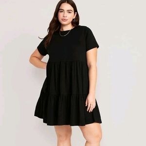 Old Navy Tiered Dress Size XL Black Short Sleeve Elastic Waist Pockets Cotton